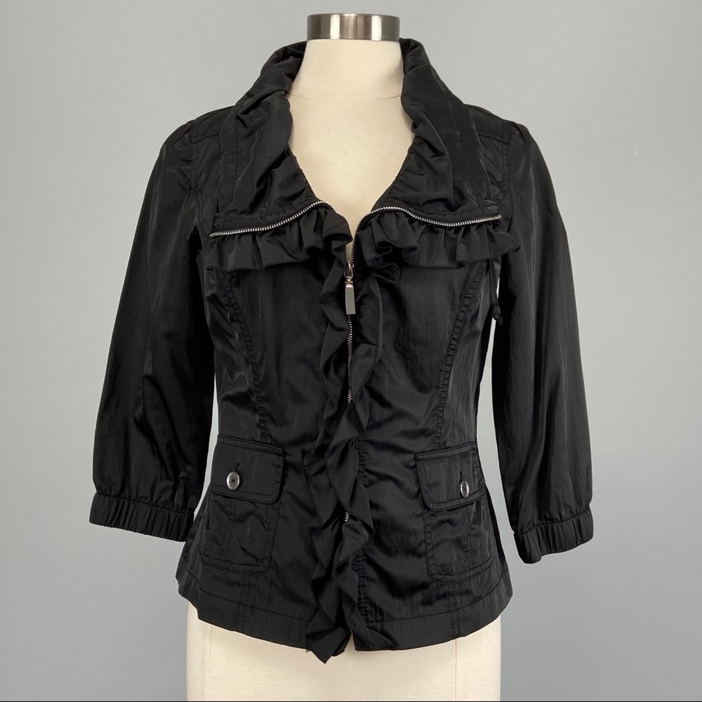 WHBM Black Ruffle Windbreaker Rain Jacket Size 6, Fits Like 4